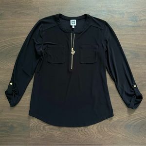 Anne Klein Flowy Long Sleeves Zip Up Top Blouse
